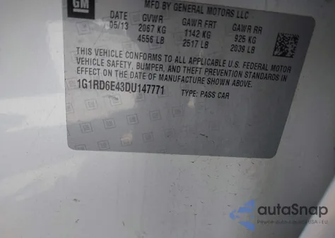 2013 Chevrolet Volt z USA, uszkodzony, nr VIN 1G1RD6E43DU147771